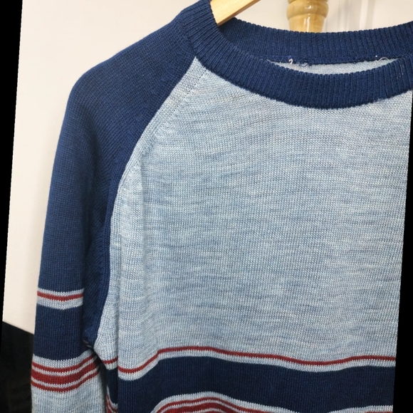 Vintage 70s Knit Long Sleeve Sweater Mens M* Blue Red Stripe - Picture 3 of 6